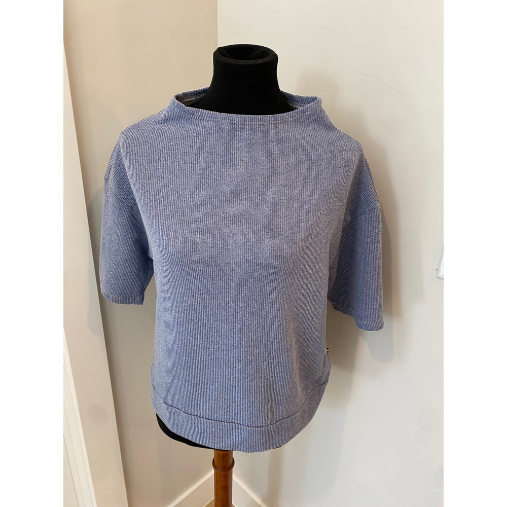 Sol Angeles Blue Ribbed Short Sleeve Sweatshirt Boat Neck Top Medium